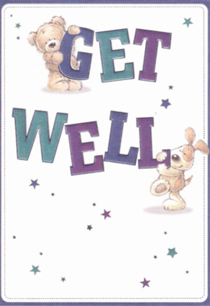 This get well card becomes a heartfelt gesture of encouragement, its whimsical artistry echoing the supportive spirit woven through Kidbrooke's parks and thoroughfares. Central to the design are two endearing friends: a bear with plush golden fur and a puppy whose floppy ears and soft gaze exude comfort, as if they've just bounded in from a family picnic on Brook Lane. Swirling stars in shades of teal and indigo flit around the playful duo, casting a gentle glow that brings to mind crisp Kidbrooke mornings. The typography grounds the scene-oversized letters dusted with bold purples and aquas-forged into the cheerful phrase 'Get Well,' their contours designed to leap joyfully from the page. There's a tactile richness to the illustration; one can almost feel the bear's softness and the velvety warmth of the puppy, textures not unlike the fresh petals bundled together by experienced hands at Florist Kidbrooke. The white background lends cleanliness and clarity, reinforcing a sense of hope for brighter days ahead. Sending this card, perhaps hand-delivered with a fragrant bouquet, is like offering a pocket of light and kindness from the heart of Kidbrooke-a moment crafted to lift someone's spirits, no matter their age or reason for rest.