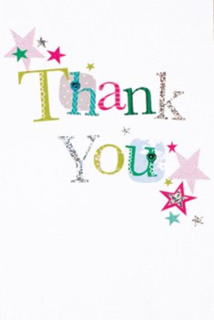 Arranged with a graceful energy, the letters on this thank you card appear to dance with quiet exuberance, much like the light that flickers across the leafy lanes of Kidbrooke Green Park. Each character radiates a unique personality-some featuring playful dots and curving lines, others elegant in their simplicity and poise. Clusters of stars, some awash with pink stripes, others sparkling in turquoise or silver, orbit the heartfelt message, as if bestowing a blessing of extra cheer to the intended recipient. The composition feels modern and airy, grounded by a pristine white background reminiscent of the calm, open spaces outside St. James Church. There is an understated sophistication in this design: not too formal to feel distant, yet not too casual to seem fleeting, allowing the sentiment of gratitude to be universally warming. As someone who has crafted countless bouquets to accompany thank you cards for Kidbrooke's diverse residents, I see this as a gesture that resonates-a blend of uplifting colour and poised charm, as memorable as a sincere expression of thanks shared between old friends.