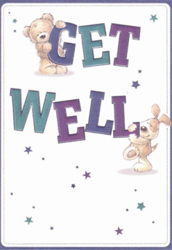 Evoking the familiar sense of care that defines Kidbrooke's community, this charming get well card feels like a gentle embrace sent from a friend nearby. The design features two beloved characters-a honey-brown teddy bear and a lively puppy-captured in a moment of joyful collaboration as they balance and hold oversized letters spelling out 'Get Well.' Their rounded forms and affectionate faces recall the comfort of a stroll through Sutcliffe Park, with each detail brimming with optimism. Bold strokes of purple and teal bring energy to the message, their hues leaping from a soft cream backdrop reminiscent of calm morning light in Kidbrooke Grove. Scattered twinkling stars, shaded in blue and violet, light up the scene with hope, much like the unexpected kindness found in the village's close-knit streets. The tactile softness of their illustrated fur echoes the plush feel of hand-tied bouquets at Florist Kidbrooke, designed to comfort and soothe. The composition balances clarity and playfulness, turning a simple well wish into a small celebration of friendship and healing for anyone recovering in SE3. Thoughtful and uplifting, this card embodies the spirit of local care, perfect for pairing with a bouquet delivery from your local Kidbrooke florist.