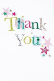 This thank you card exudes gentle happiness, as if every detail was carefully chosen to brighten the spirit, just like a fresh bouquet delivered across Kidbrooke's leafy avenues. The words 'Thank You' stand out in a lively medley of silver, sunny yellow, verdant green, and cerulean blue, each letter individually adorned with shimmering accents, fine dots, or artful stitched patterns. Stars in cheerful pink, soft teal, and luminous silver drift in constellation around the text, inviting a sense of celebration and warmth akin to a family gathering at Kidbrooke Village Square. The background is snow-white and uncluttered, lending a calm clarity that allows the playful arrangement of letters and sparkling stars to breathe and shine. The card evokes the pure joy that comes from giving or receiving thanks-a delightful interplay of whimsy and sincerity. In the hands of a local florist, this card is that perfect companion to a hand-arranged bouquet, delivering gratitude to neighbours and friends with an unmistakable sense of heartfelt appreciation unique to Kidbrooke.